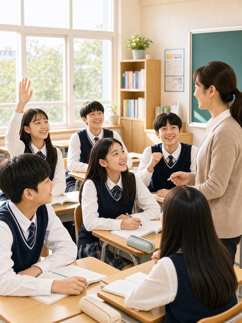 학생들이 파우치에 스마트폰을 넣는 장면
